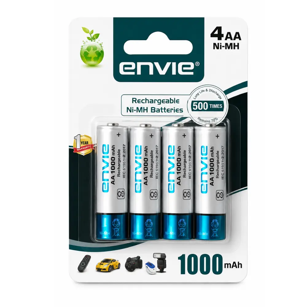 41d518d9-9284-423b-928c-d0686c917b1a.webp Envie AA Rechargeable Batteries | High Capacity Ni-MH | 1000 mAh | Low Self Discharge | (Pack Of 4) - Image 1
