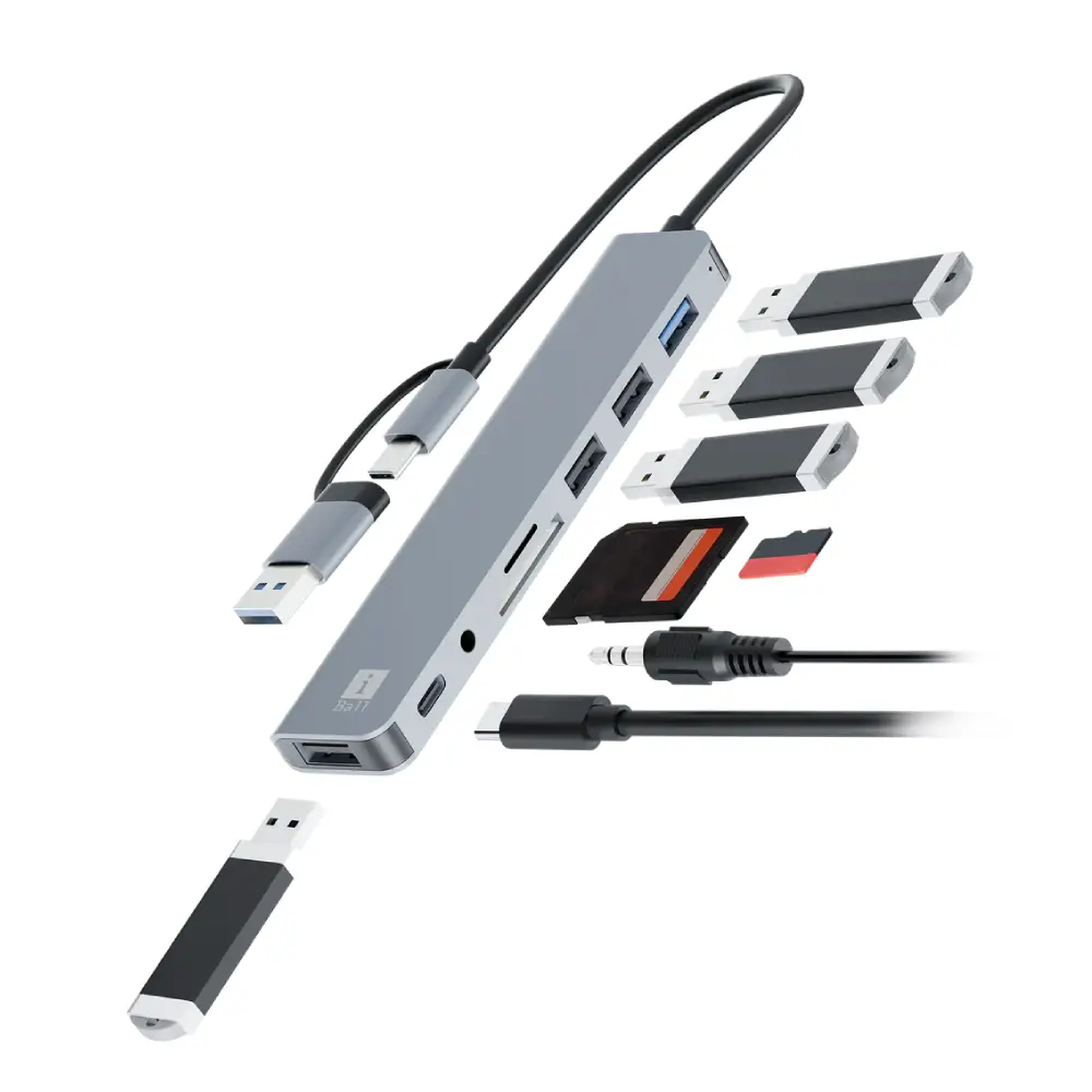 bb14d7d9-9ba5-44f3-b32e-32700e08dcfb.webp Iball Type-C+USB to USB Hub 8 in 1 (Aux | USB 3.0 | Type-C | SD Card) - Image 1